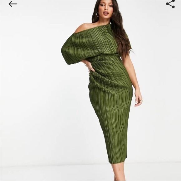 ASOS Dresses & Skirts - ASOS DESIGN Fallen Shoulder Plisse Midi Dress Olive - Size 16 Tall